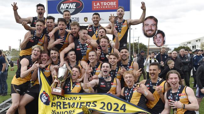 Heidelberg celebrates winning the NFNL Division 1 premiership. Picture: Andrew Batsch