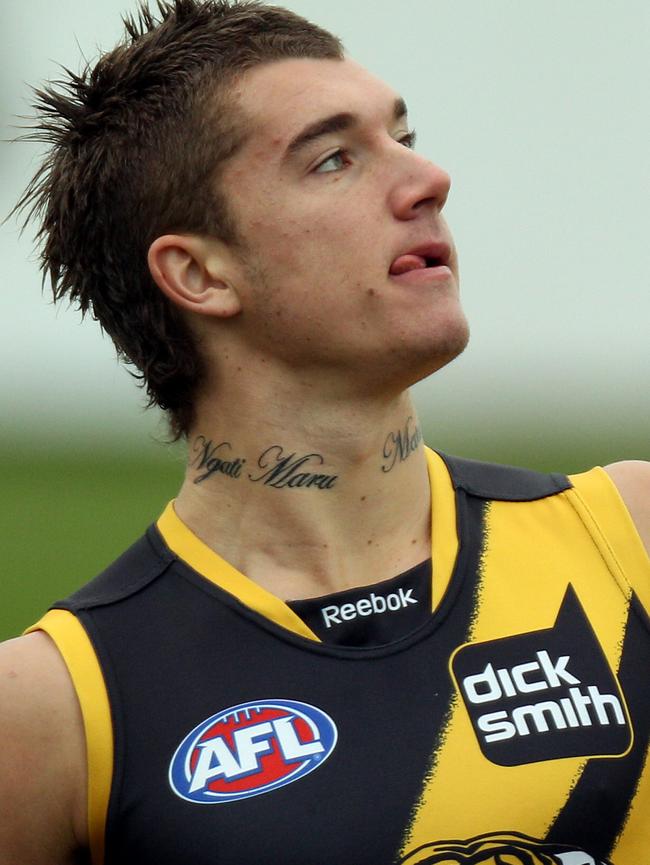 Dustin Martin shows his tribal pride with a “Ngati Maru” tattoo.