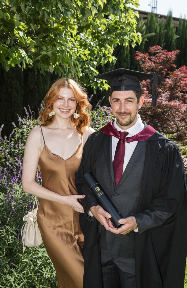 Master of Engineering Practice graduate Patrick Gleadhill with Bri Garratt at UniSQ graduation ceremony at Empire Theatres, Tuesday, October 31, 2023. Picture: Kevin Farmer