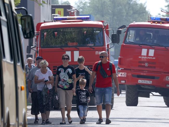 Locals being evacuated from the village of Azovskoye, Mayskoye. Picture: Sergei Malgavko/TASS/Sipa USA /AAP