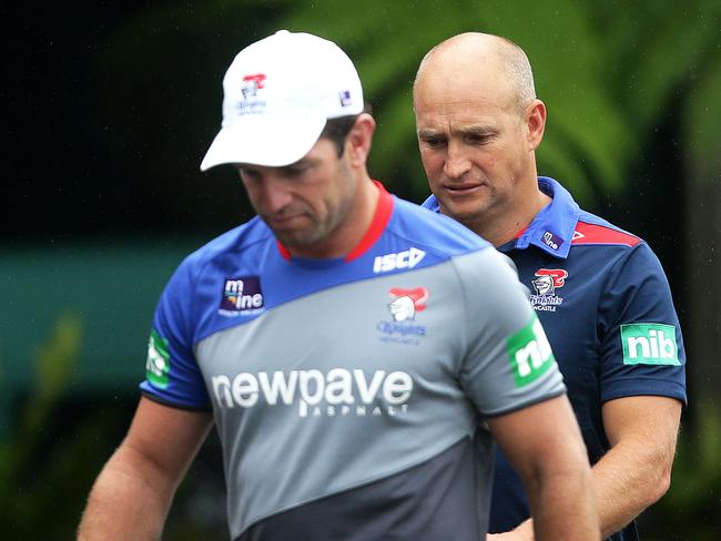 Coach Nathan Brown with former stand in coach Danny Buderus at training session. Picture by Peter Lorimer.