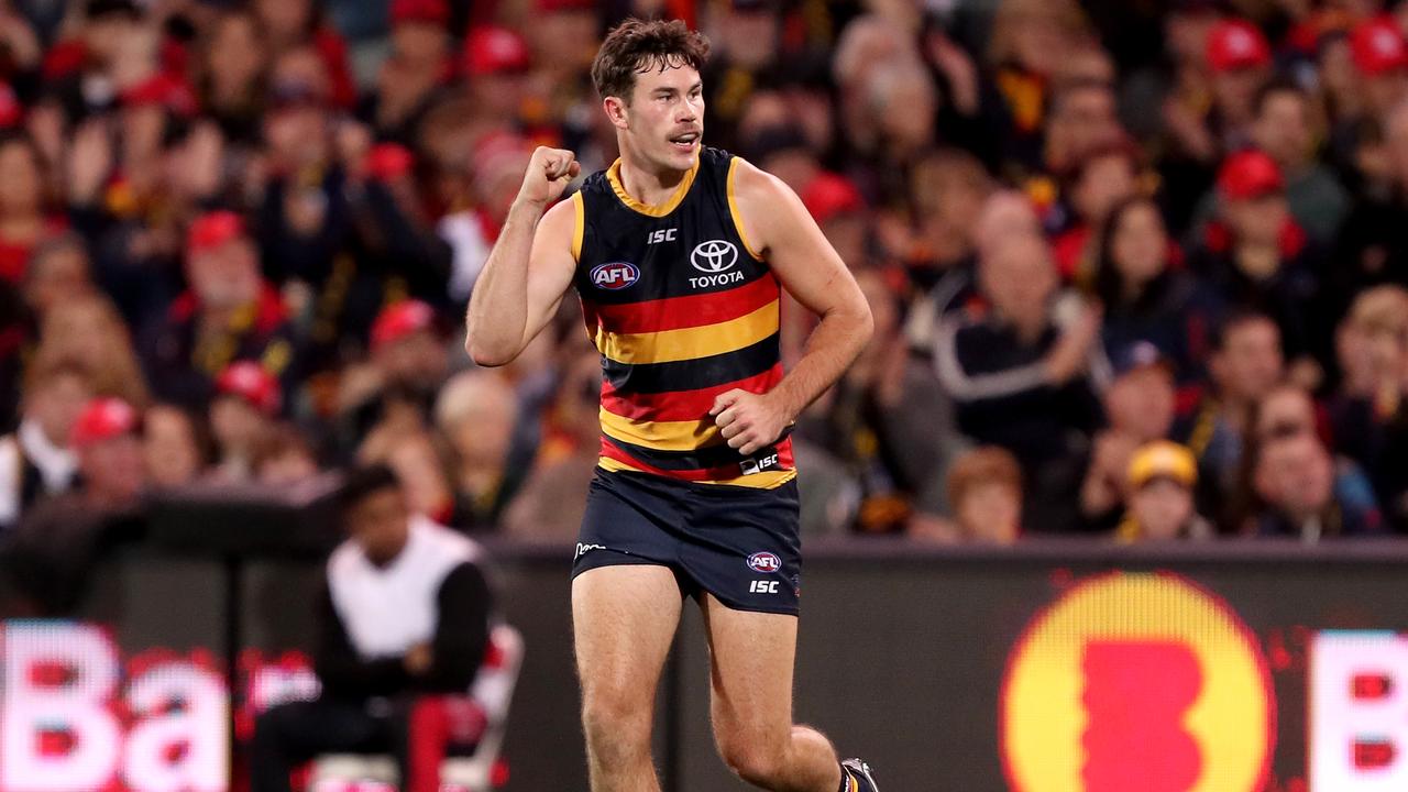 Mitch McGovern celebrates a goal at Adelaide Oval this season.