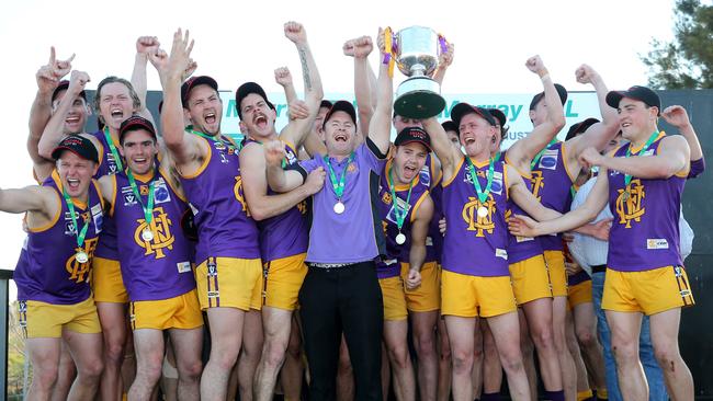 The Nathalia Purples celebrate after beating Barooga in the 2018 Grand Final. Picture: Yuri Kouzmin