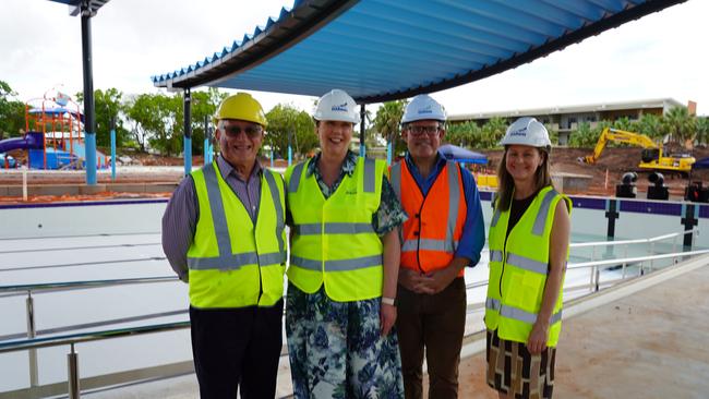 Mayor Kon Vatskalis, Member for Solomon Luke Gosling, Federal minister Catherine King and CoD CEO Simone Saunders at the Casuarina Aquatic and Leisure Centre development. Picture: City of Darwin