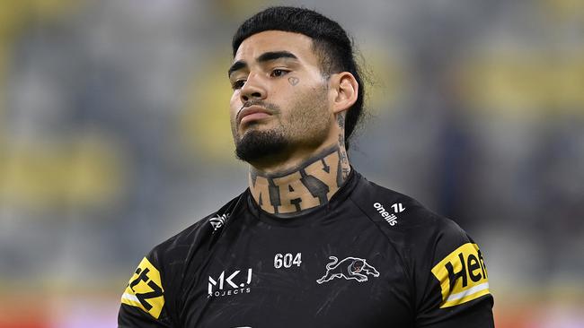 TOWNSVILLE, AUSTRALIA - APRIL 27: Taylan May of the Panthers looks on before the start of the round eight NRL match between North Queensland Cowboys and Penrith Panthers at Qld Country Bank Stadium, on April 27, 2024, in Townsville, Australia. (Photo by Ian Hitchcock/Getty Images)