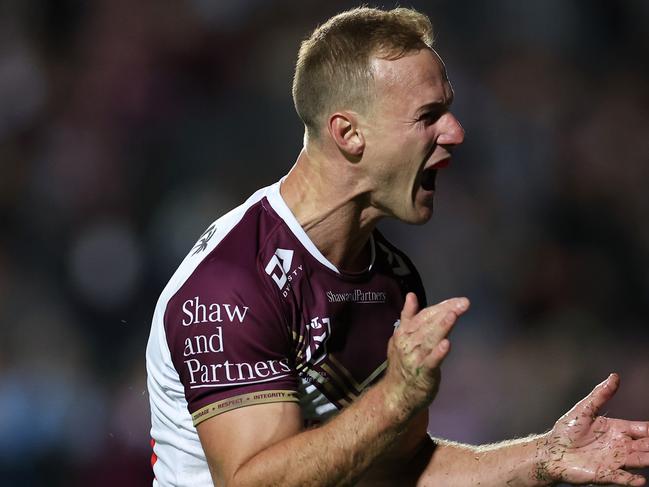 SYDNEY, AUSTRALIA - APRIL 26:  DalyÃÂ Cherry-Evans of the Sea Eagles celebrates after scoring a try during the round eight NRL match between Manly Sea Eagles and Parramatta Eels at 4 Pines Park on April 26, 2024, in Sydney, Australia. (Photo by Cameron Spencer/Getty Images)