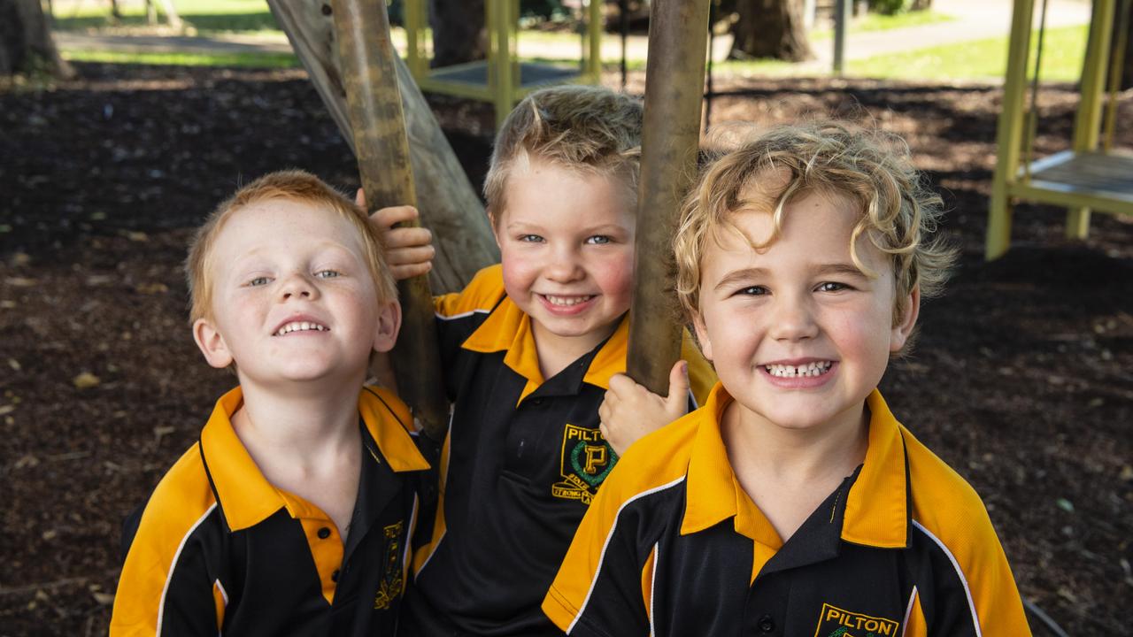 My First Year 2022: Pilton State School Prep students Lawson, Oliver and Harry, Tuesday, March 1, 2022. Picture: Kevin Farmer