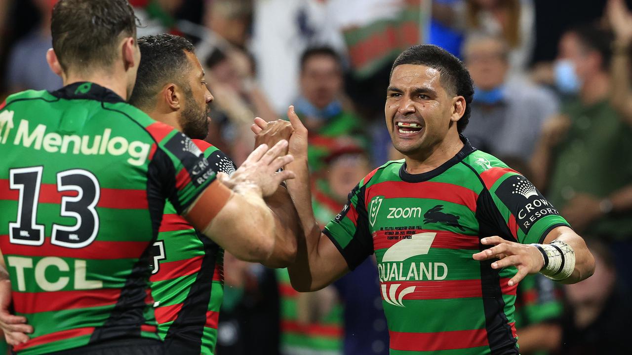 Alex Johnston scores and Cody Walker celebrates during the 2021 NRL Grand Final between the Penrith Panthers and Souths Sydney Rabbitohs at Suncorp Stadium in Brisbane. Pics Adam Head