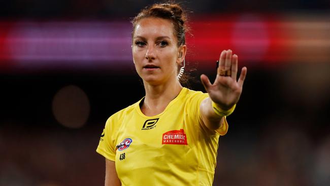 Eleni Glouftsis has officiated seven AFL games in 2022. Picture: Dylan Burns/AFL Photos via Getty Images