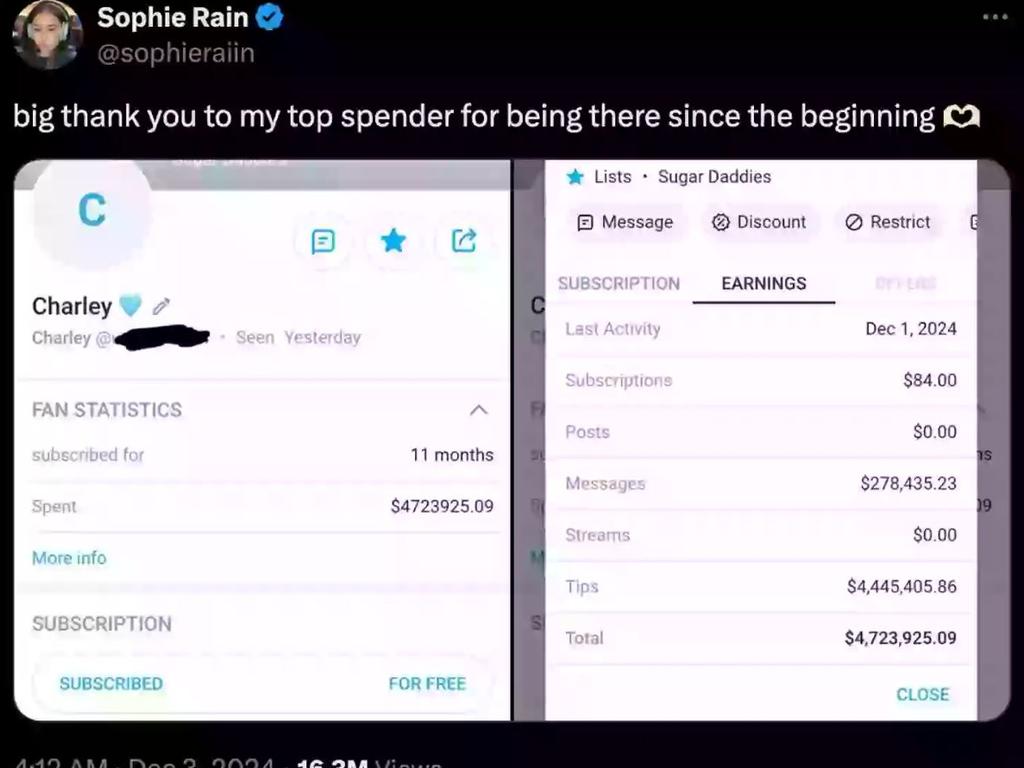 Rain was accused of ‘faking’ her earnings but shared this screenshot showing one customer’s spending. Picture: Supplied