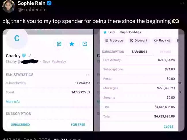 Rain was accused of ‘faking’ her earnings but shared this screenshot showing one customer’s spending. Picture: Supplied