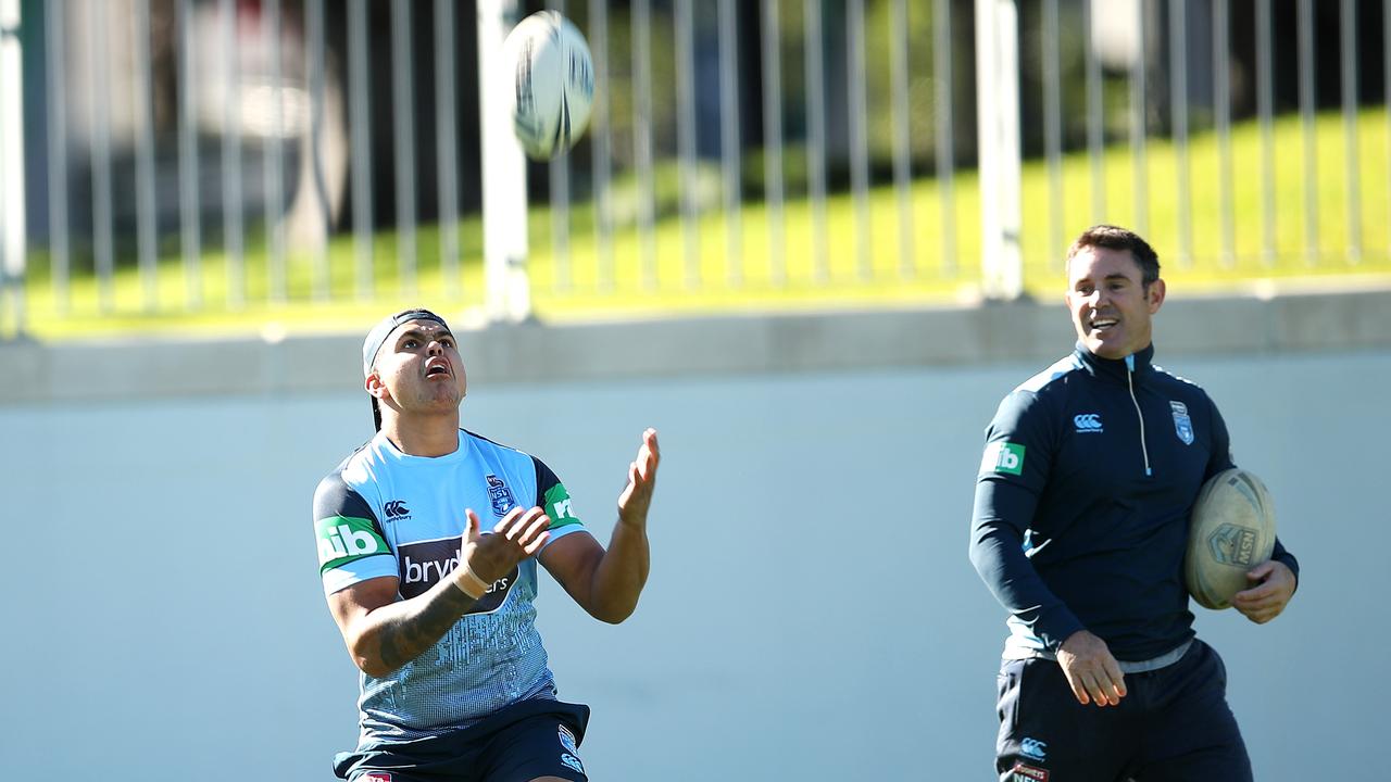 Brad Fittler keeps an eye on Latrell Mitchell at Monday’s first training session.