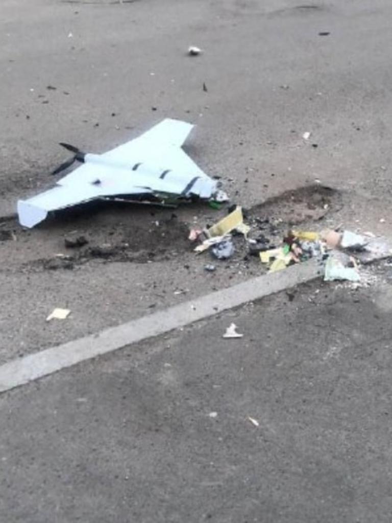 The pictures, posted by Ukraine internal affairs Minister Anton Gerashchenko, on social media show the drone to be damaged or shot down. Picture: Telegram