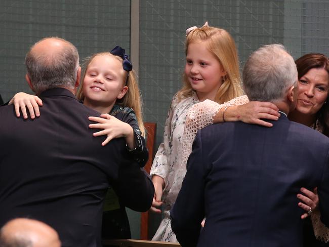 Treasurer Scott Morrison and PM Malcolm Turnbull with Scott Morrison’s family in Parliament House, Canberra. Picture Kym Smith