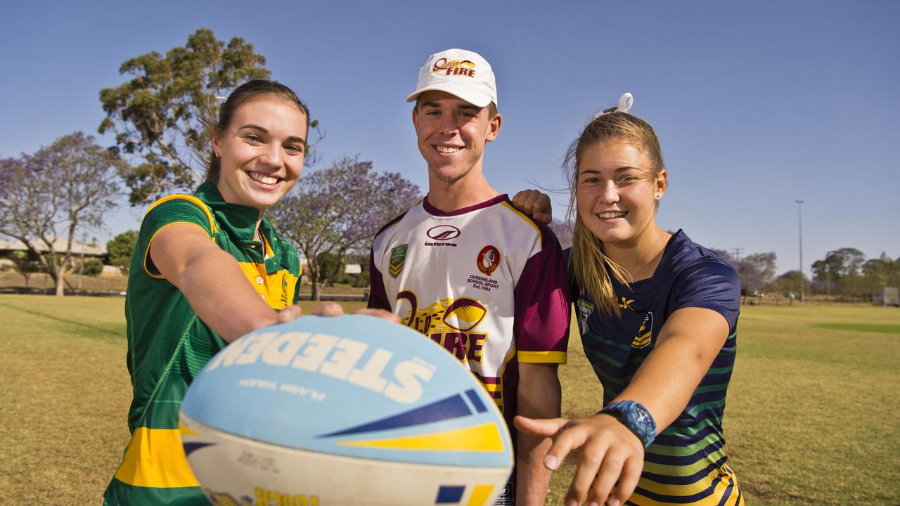 Toowoomba touch players (from left) Emily Ward, Ben Moore and Jada Ferguson in 2019. Ward and Moore will be in action this weekend. Picture: Kevin Farmer