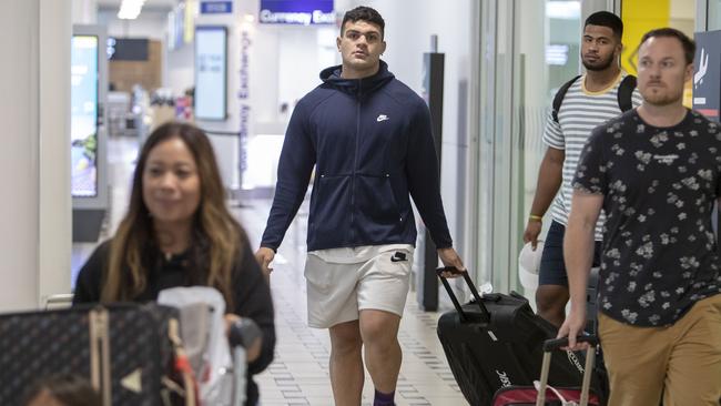 Brisbane Broncos player David Fifita arrives at Brisbane International Airport from Bali last Tuesday. Picture: AAP