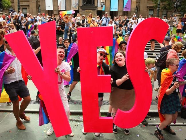 Melbourne celebrates as the same-sex marriage postal survey result is announced. Picture: Scott Barbour/Getty Images