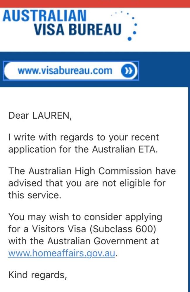 Social media post showing that Lauren Southern has been rejected from entering Australia.