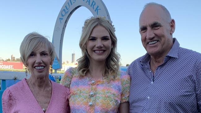 Trainer Gillian Heinrich (left) with daughter Tayla and husband Hoss at the Gold Coast Turf Club on August 27, 2021. Picture credit: Greg Irvine, Magic Millions.