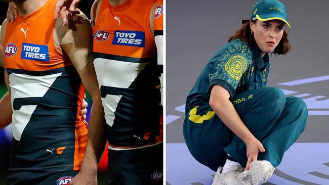 Players stand in the GWS Giants jumper, while Rachael Gunn was allegedly mocked at the club function.