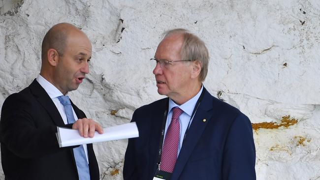 NRL CEO Todd Greenberg (left) and NRL Chairman Peter Beattie (right) chat ahead of the 2019 NRL Season Launch in Sydney, Thursday, March 7, 2019. (AAP Image/Dean Lewins) NO ARCHIVING