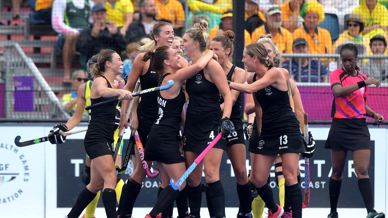 The Kiwis celebrate after scoring a goal on their way to defeating the Australian team at the 2018 Commonwealth Games. Picture: AAP Image/Tracey Nearmy