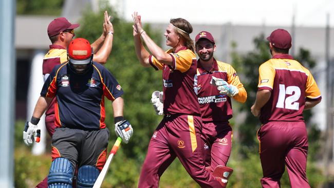 Tim Oakley celebrates getting Adelaide’s Matthew Nobes out during their Twenty20 match earlier this month. Picture: AAP/Mark Brake