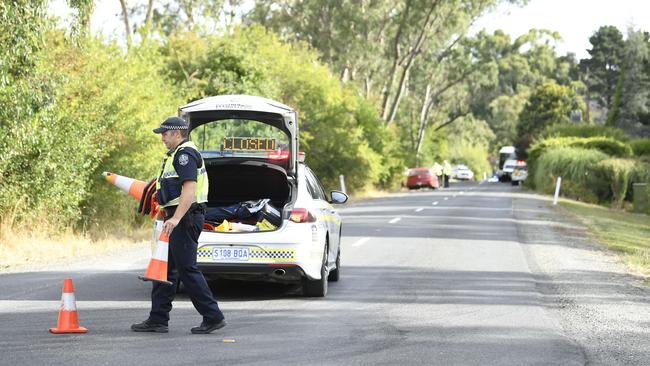 Police at the a serious crash involving a motorcyclist and a school bus at Paracombe. Picture: The Advertiser / Morgan Sette