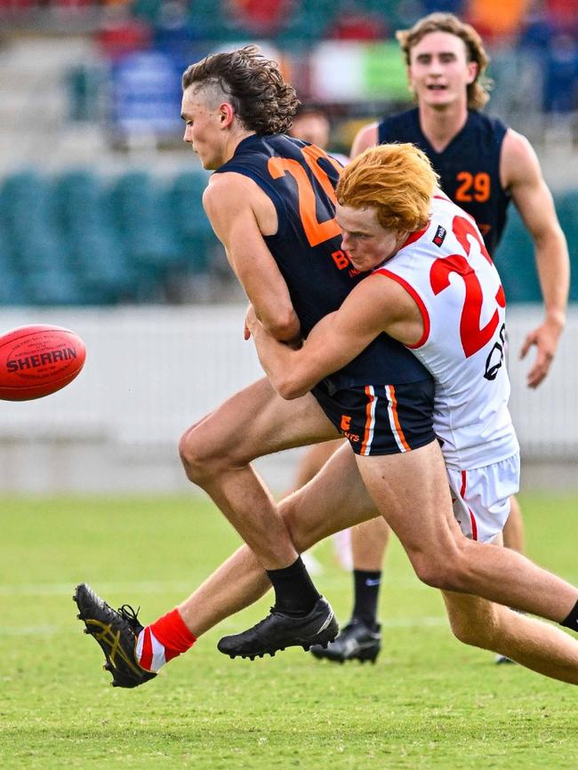 Swans Academy player Tye Gander tackles a player on the burst for GWS. Picture: Keith McInnes