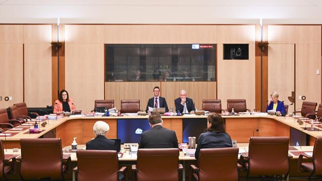 PwC CEO Kevin Burrowes, chief risk and ethics leader Jan McCahey, and people leader Catherine Walsh front a Senate inquiry at Parliament House. Picture: Martin Ollman/NCA NewsWire