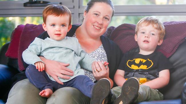 Kahlia Smith from Kings Meadows is relieved the fundraising target for her husband's bowel cancer treatment has been reached. Pictured with her children Thea, 1, and Fletcher, 3. Picture: PATRICK GEE