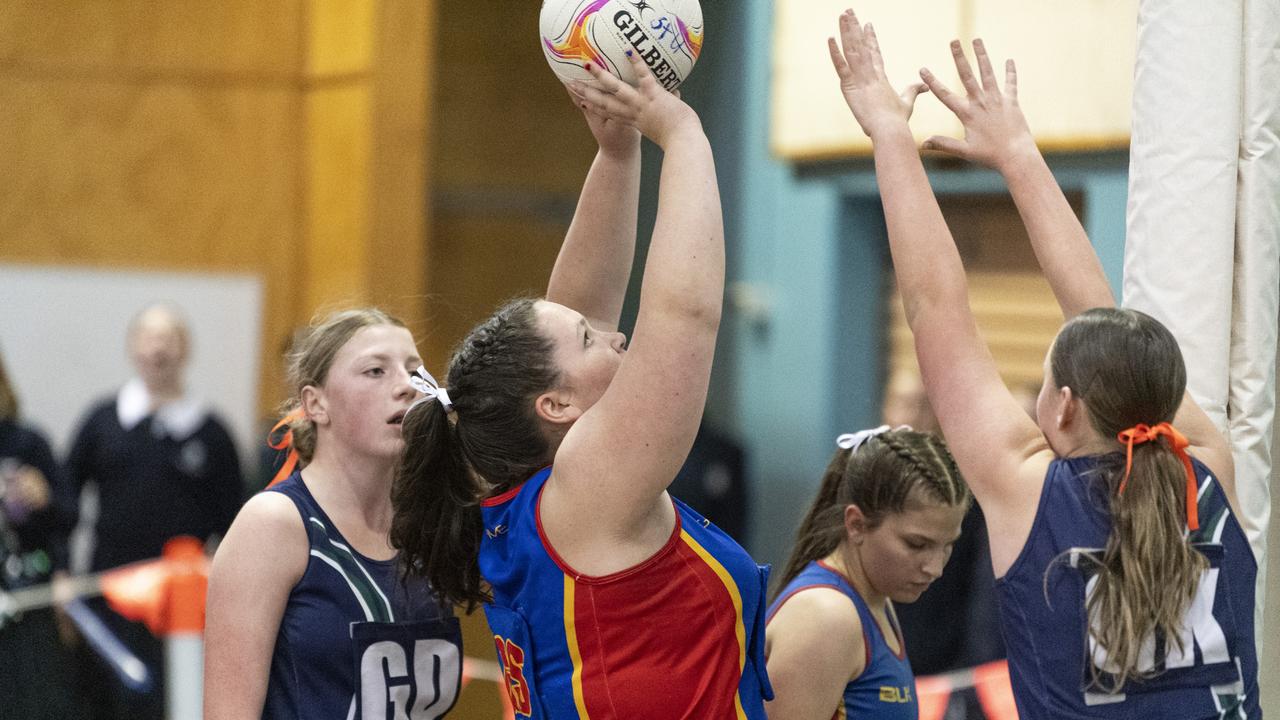 Downlands Junior B against St Ursula's Junior B in Merici-Chevalier Cup netball at Salo Centre, Friday, July 19, 2024. Picture: Kevin Farmer