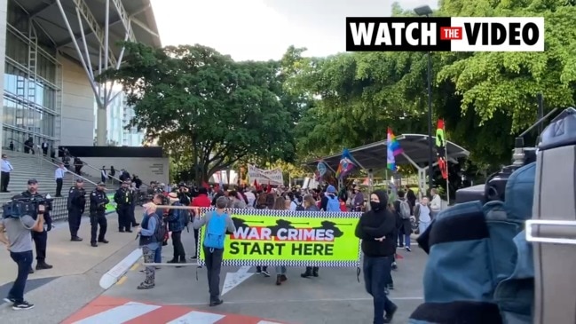 Anti-war protesters outside the Land Forces Expo