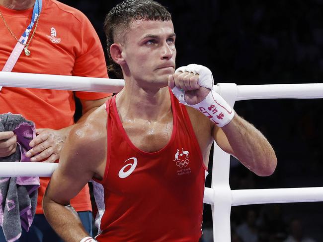 NCA. PARIS FRANCE. 2024 OLYMPIC GAMES. July 29 - Day3.  Boxing at North Paris Arena .   MenÃs 63.5 kg. Australian Harry Garside vs Richard Kovacs of Hungary.  Harry Garside sits on the ropes after his unanimous decision loss  . Pic: Michael Klein