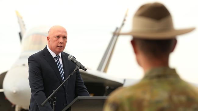 Defence Minister Peter Dutton speaks during the Exercise Talisman Sabre opening ceremony from RAAF Base Amberley. Picture: Zak Simmonds