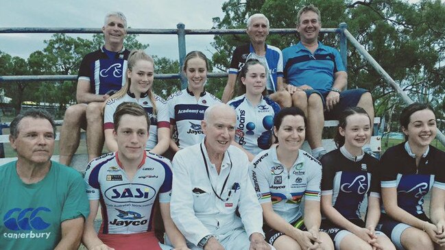 Anna Meares at the track in Rockhampton with Reggie Tucker and other local riders.