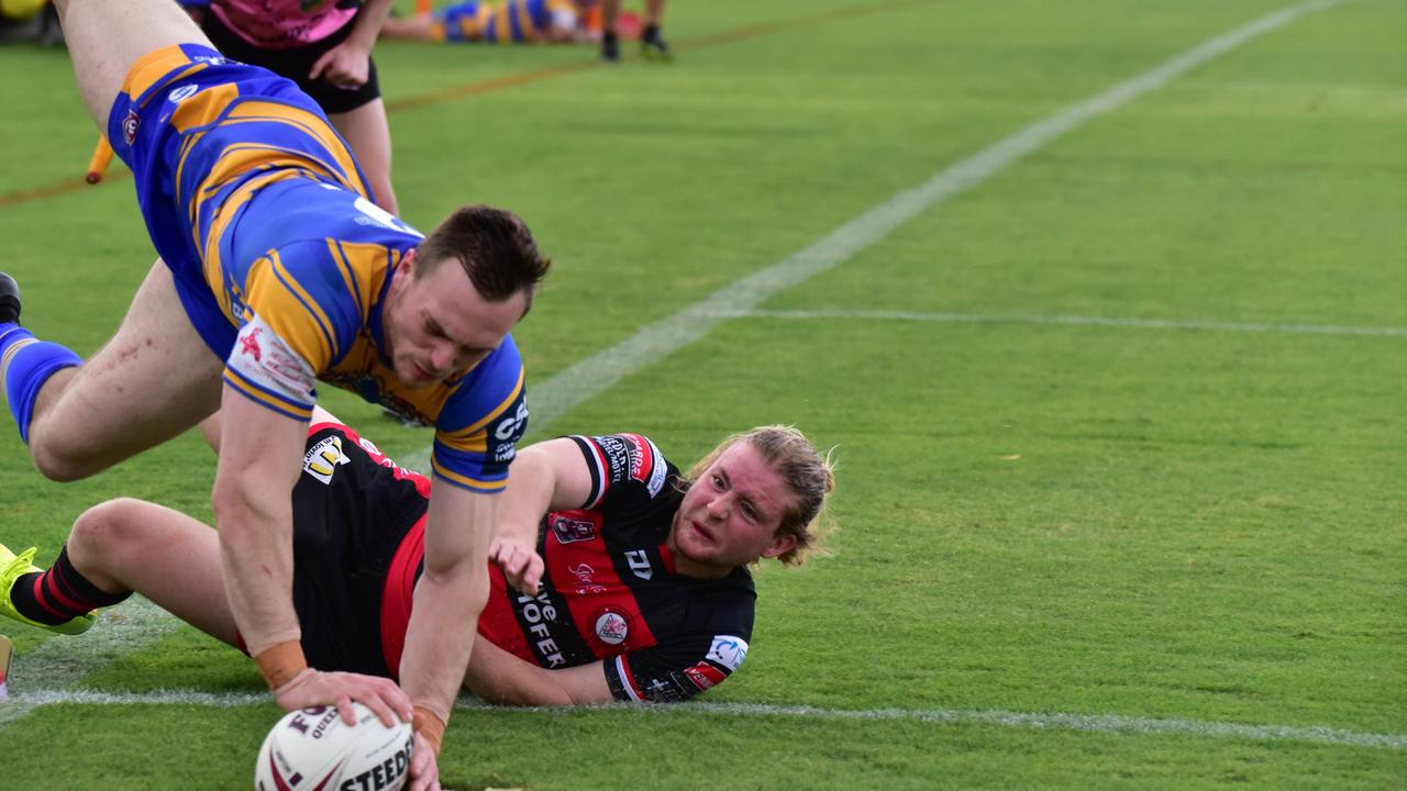 Ipswich sport fans have witnessed some acrobatic efforts like this one from Norths Tigers winger Jonathon Plumb in this year’s Volunteers Cup competition. Following COVID-safe plans has been invaluable. Picture: Bruce Clayton