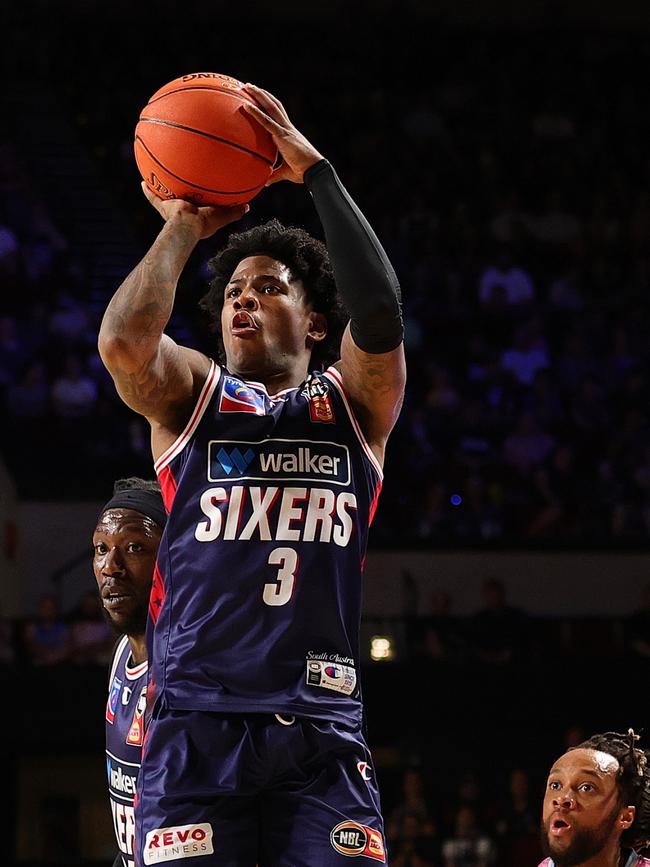 Kendric Davis shoots during Adelaide’s win. Picture: Sarah Reed/Getty Images