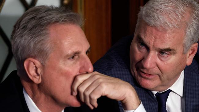 House Republican Leader Kevin McCarthy talks to Tom Emmer during the second day of elections for Speaker of the House. Picture: Getty Images via AFP.