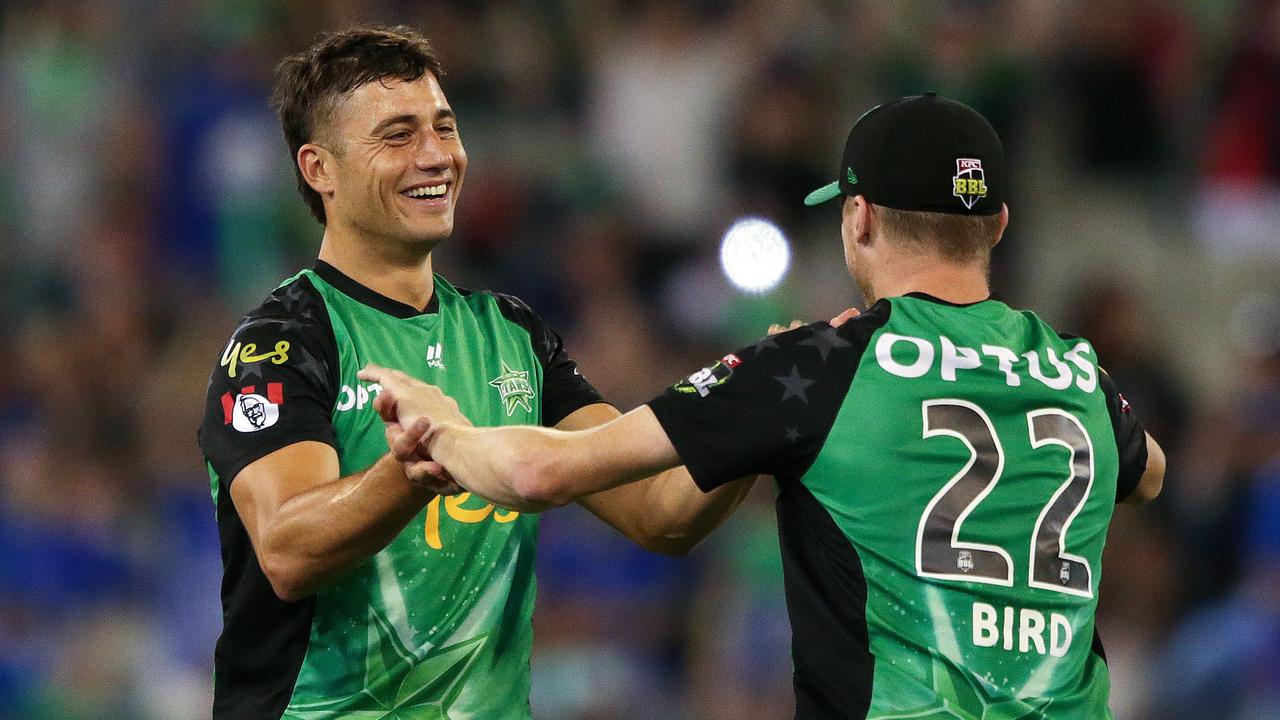 Marcus Stoinis celebrates a wicket with Jackson Bird last summer.