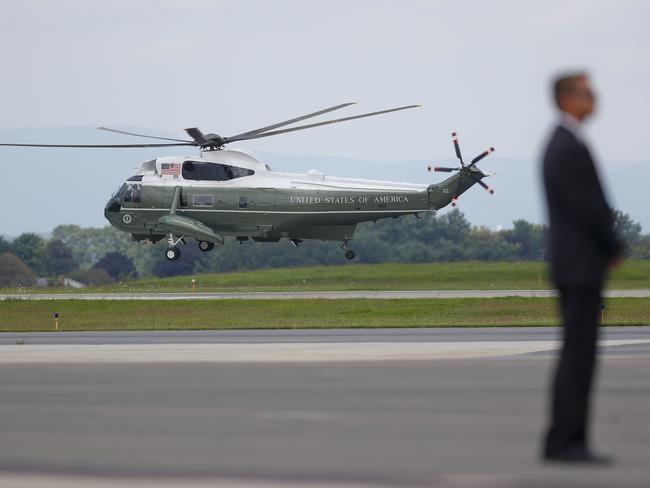 President Donald Trump lifts off from Hagerstown Regional Airport en route to Camp David for a meeting with his national security team. Picture: Pablo Martinez Monsivais/AP