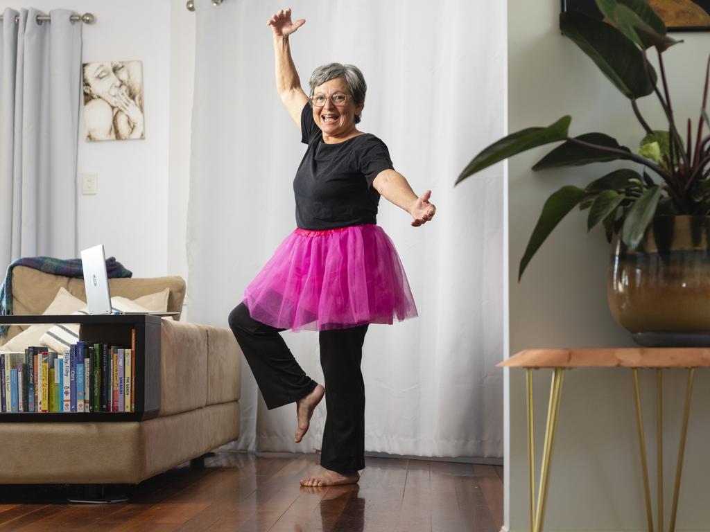 Colleen Reid does online classes with Queensland Ballet and is already feeling the benefits on her arthritis following a partnership between Arthritis Queensland and Queensland Ballet. Picture: Kevin Farmer