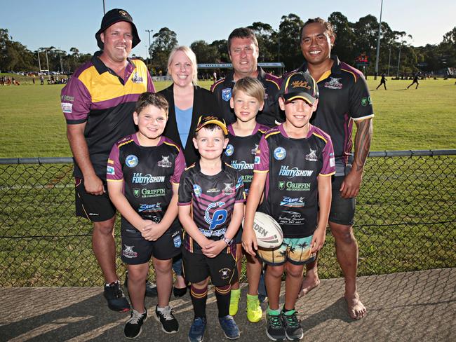 (L-R front) Jesse Weismantel (11), Liam Gray (6), Samuel Kelly (11), Riley Brown (10). (L-R back) Rod Gray, Hills Shire mayor Michelle Byrne, Michael Gremmo and Shane Motu.