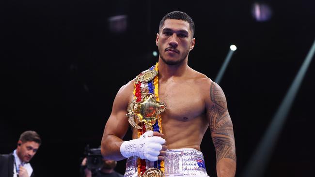 RIYADH, SAUDI ARABIA - DECEMBER 23: Jai Opetaia celebrates victory with the belt following the Cruiserweight fight between Jai Opetaia and Ellis Zoro during the Day of Reckoning: Fight Night at Kingdom Arena on December 23, 2023 in Riyadh, Saudi Arabia. (Photo by Richard Pelham/Getty Images)