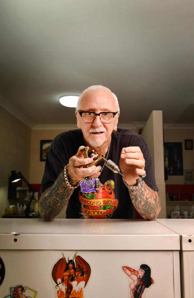 Owner of Second Skin Tattoo, Les Bowen has been tattooing for 66 years. Picture: Alix Sweeney