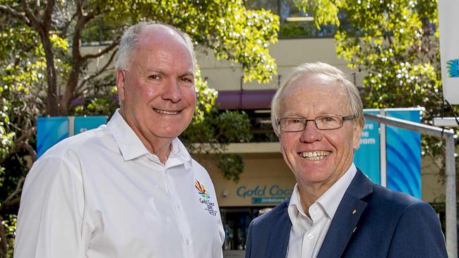 GOLDOC CEO Mark Peters and  Gold Coast 2018 Commonwealth Games Corporation Chairman Peter Beattie talking to the media post Commonwealth Games Picture: Jerad Williams