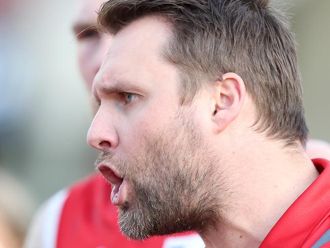 SANFL  - Saturday 4th July, 2020 - Norwood v North Adelaide at the Adelaide Oval. North Adelaide Coach Jacob Surjan fires up at his team during the 1st quarter break Picture: Sarah Reed