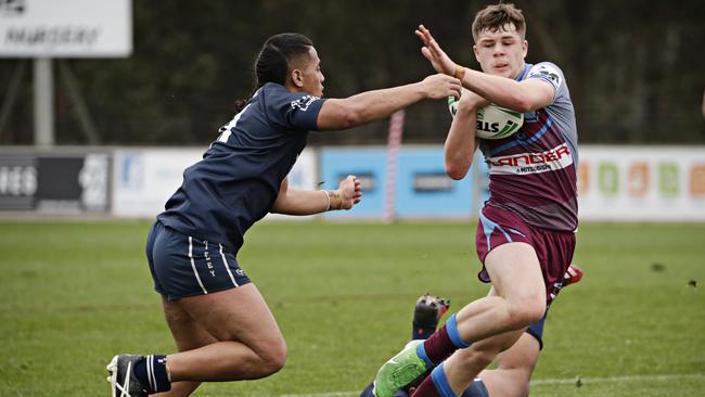 Blake Metcalfe from The Hills Sports High school making a break against Chifley College senior campus NRL Schoolboy Cup at St Marys Leagues Stadium on the 12th of August.  PICTURE: Adam Yip