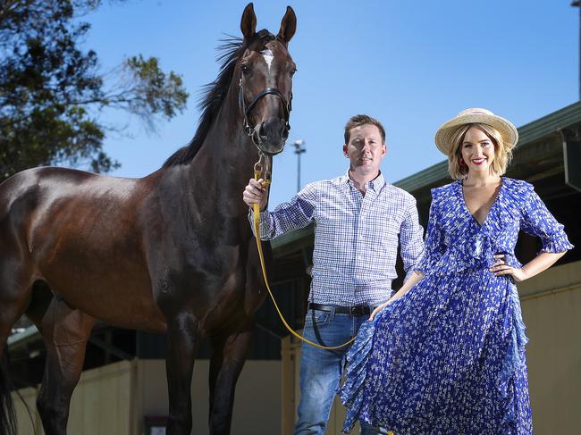 HORSERACING - 08/02/19 - ALL-STAR MILE - Model Olivia Rogers with Balf's Choice and training Ryan Balfour at Morphettville. Picture SARAH REED