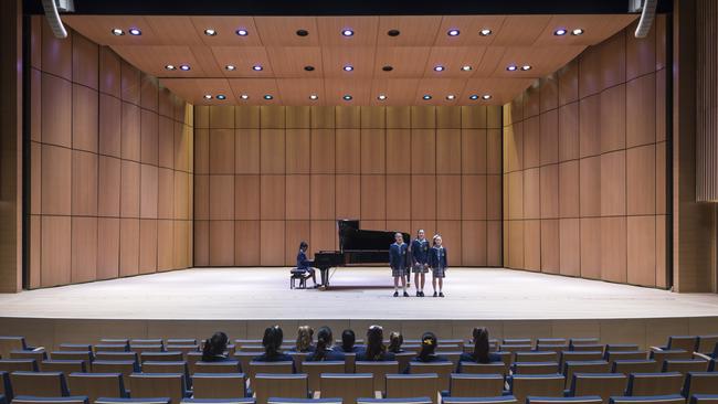 Presbyterian Ladies' College students rehearse on stage in the college's new performing arts centre.